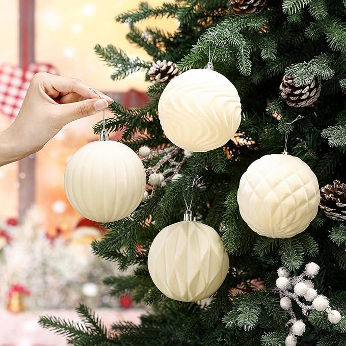 4 Pcs 4 Inch Large Velvet Christmas Ball Ornaments Vintage Christmas Plastic Ball Ornaments Flocked Tree Hanging Decoration for Xmas Party Wedding Home Decor(Beige)