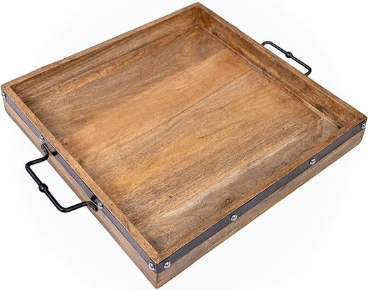 20"x20" Extra Large Square Ottoman Tray, Heavy Duty Mango Wood, for Serving Tea, Breakfast in Bed, Living Room Large Coffee Table Tray Rustic with Farmhouse Style, Decorative Handles and Accent Strap