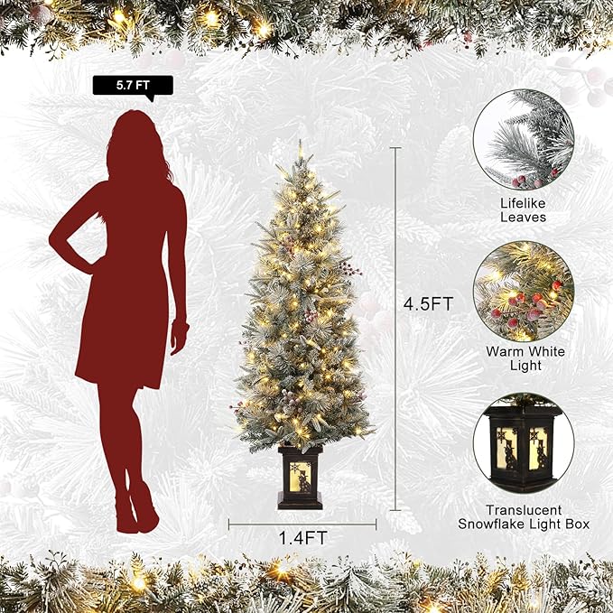 GarveeHome 4.5ft Pre-Lit Flocked Artificial Christmas Tree with Pine Cones, Artificial Xmas Tree w/ 386 Branch Tips & 200 Lights, Snowman Base for Home, Party Decoration,2 PCS