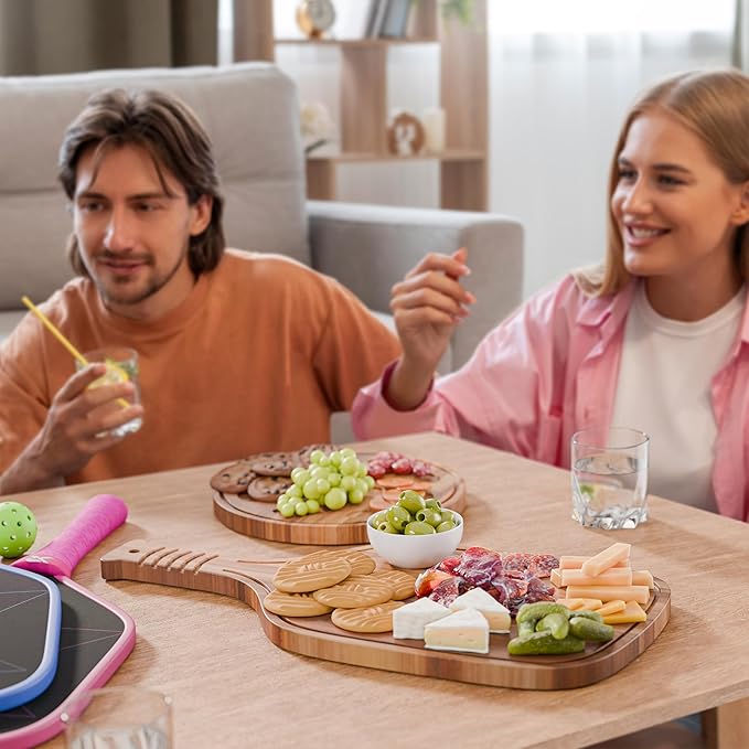 New – Set of Pickleball Paddle & Ball Charcuterie Board Set – Acacia Wood Cheese & Cutting Board (16.9” x 8.1”) Pickleball Gifts for Men/Women, Pickle Ball Plates, Pickle Ball Accessories