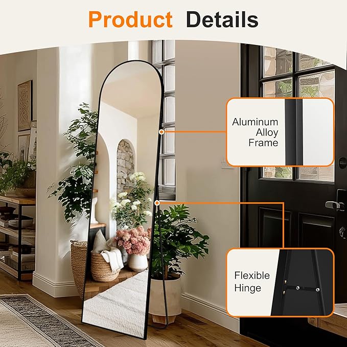 Arched Full Length Mirror, 56"x15" Standing Body Mirror for Wall, with Aluminum Alloy Frame for Bedroom, Living Room, Dressing Room(Black)