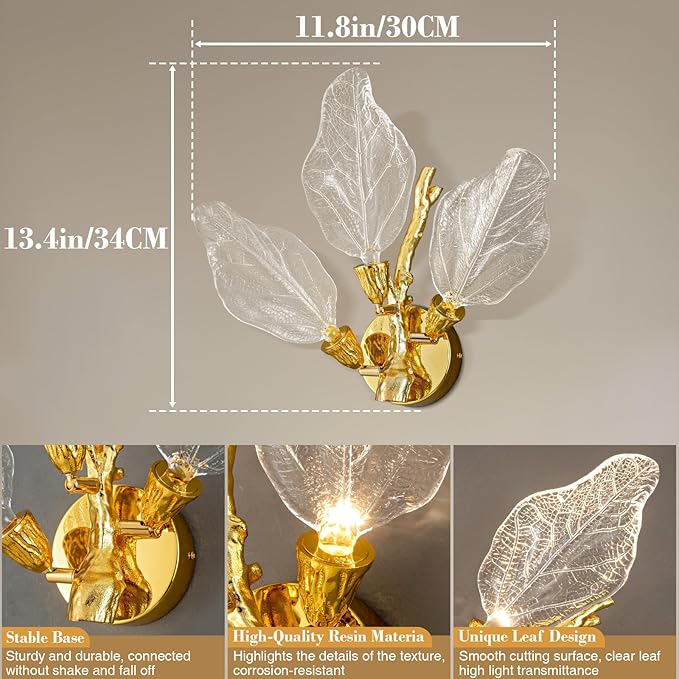 LED Gold Wall Sconces, Dimmable Modern Wall Lights, Bionic Leaf Vanity Light Fixtures for Bathroom, Bedside Wall Lamp Perfect for Bedroom, Living Room, Kitchen,Hallway (1 pcs,Gold)