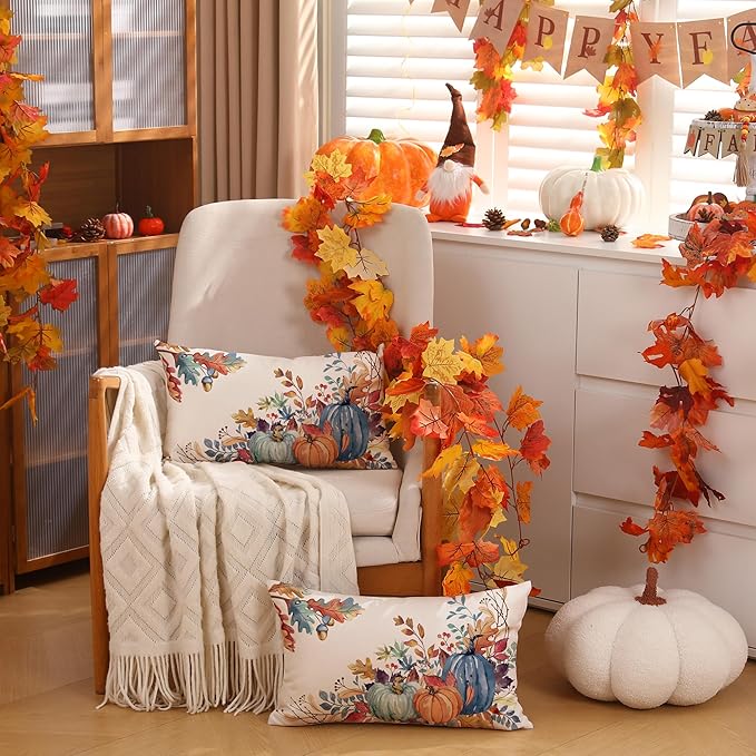 DFXSZ Fall Pillow Covers 12x20 inch Set of 2 Blue and Green Watercolor Pumpkin Fallen Leaves Decorative Throw Pillow Covers Autumn Thanksgiving Farmhouse Decoration for Home Couch TH27-E12