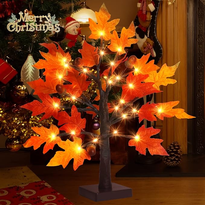 2Pack Artificial Fall Lighted Maple Tree - 1.5FT 36 LED Thanksgiving Decor Lights, Battery Operated Tabletop Lamp with 6 Acorns, 6-Hours Timer, for Wedding Party Indoor Outdoor Autumn Decor…