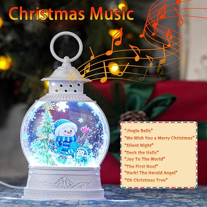 Christmas Snow Globes Lantern, Lighted Blue Snowman Decor with Music Timer Swirling Glitter Snow Globe Penguin Christmas Tree, USB or Battery Operated