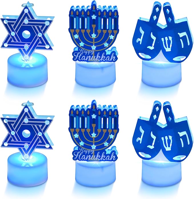 6 PCS Hanukkah Tea Lights Candles Battery Operated LED Flameless Tealight Candles, Blue Star of David Menorah Dreidel Hanukkah Decorations Centerpieces for Home Kitchen Party Decor