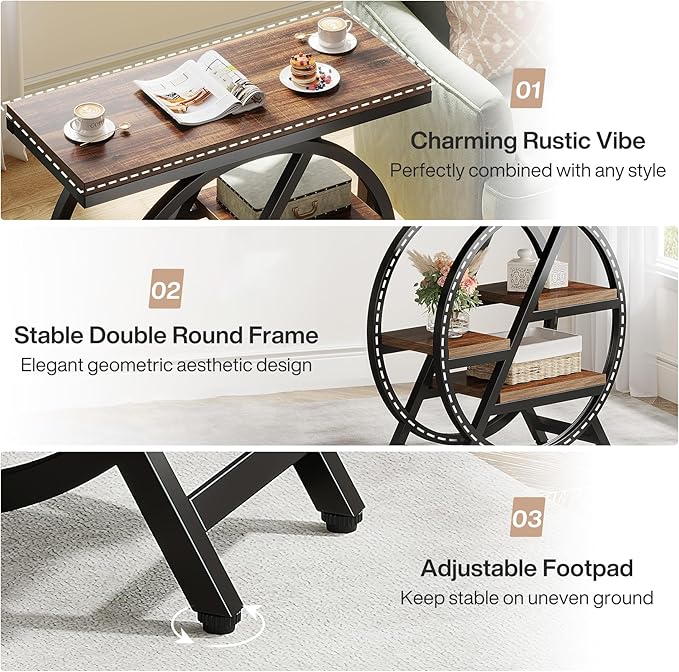 Tribesigns End Table Set of 2, 3-Tier Narrow Sofa Side Table with Storage for Living Room, Wood End Table with Geometric Metal Frame, Industrial Nightstand and Bedside Table for Bedroom, Rustic Brown