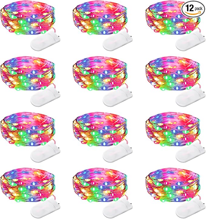 12 Pack Fairy Lights Battery Operated String Lights 7 Feet 20 Led Waterproof Christmas Lights Silver Wire Firefly Starry Moon Lights for Bedroom DIY Party Wedding Patio Christmas Multicolor