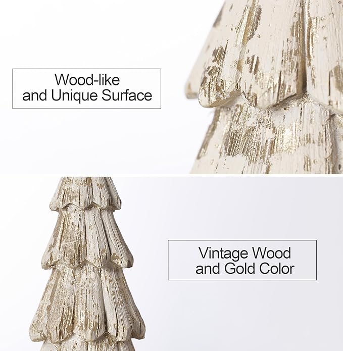 Christmas Tree Figurines, Wood Effect Accented with Gold, Tabletop Xmas Trees Set of 2, Small Decorative Resin Christmas Trees, Christmas Decorations Indoor, Winer Mantle Decor for Table Centerpieces