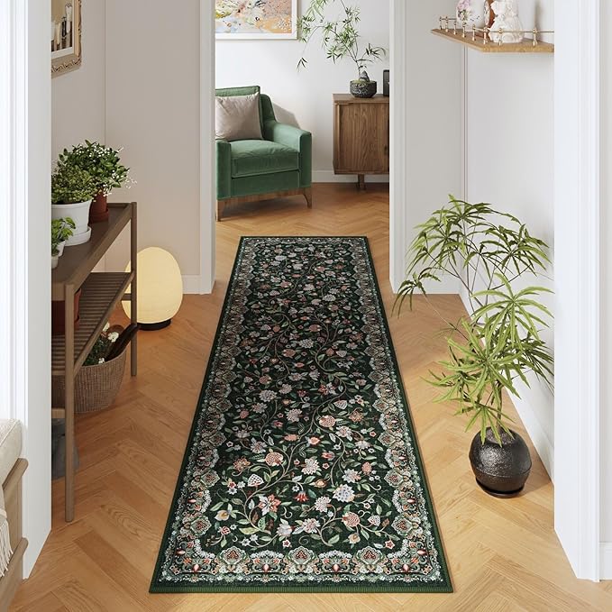 Rugcomf Vintage Paisley Kitchen Runner Rug 2'x6' - Machine Washable, Non-Slip Low Pile Floral Carpet for Laundry, Bedroom, Bathroom - Green