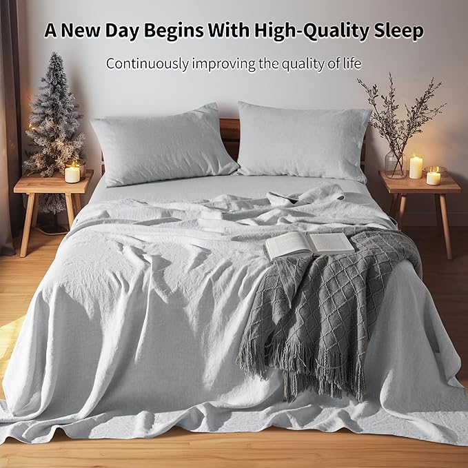 LBRO2M 100% Linen Sheet Set Twin XL Size,Bed Sheets 3 Piece Sets,Solid Color Natural Flax Bed Sheets Soft Breathable Bedding,16" Deep Pocket,All Season (Twin XL, Grey)