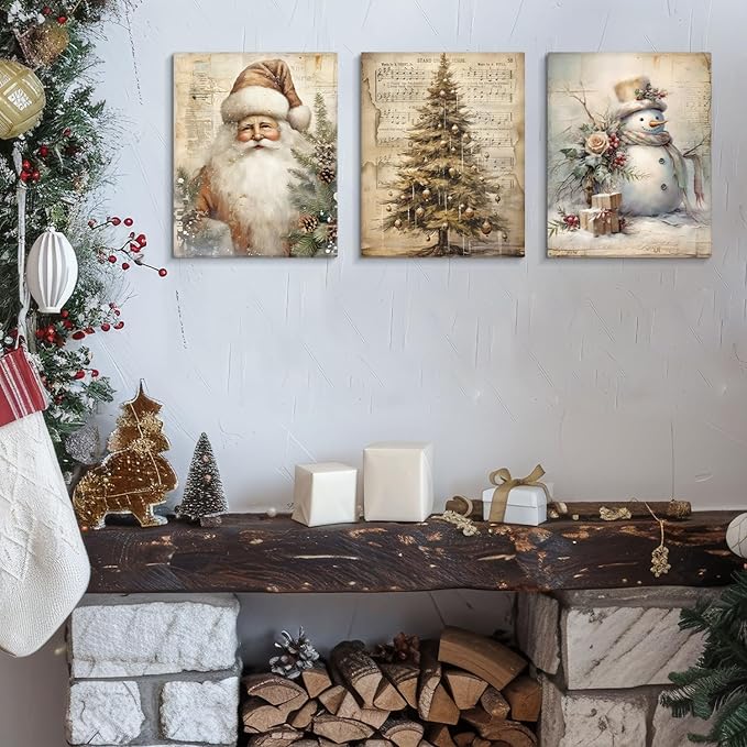 DSHFG Vintage Christmas Wall Art Decor, Retro Christmas Santa Trees Wall Decor Canvas Set of 3, Retro Christmas Decorations for Home Kitchen Bedroom Bathroom Living Room, 14x11 Inch Framed