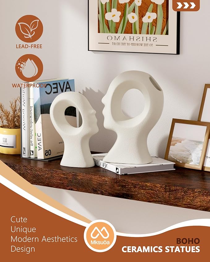 Couple Decorative Statues Set - Boho Style Modern Abstract Sculptures Home Decor, Ceramic Figurines for Living Room Coffee Table, Tv Stand, Mantles, Entryway, Console or Wedding Gifts (White)