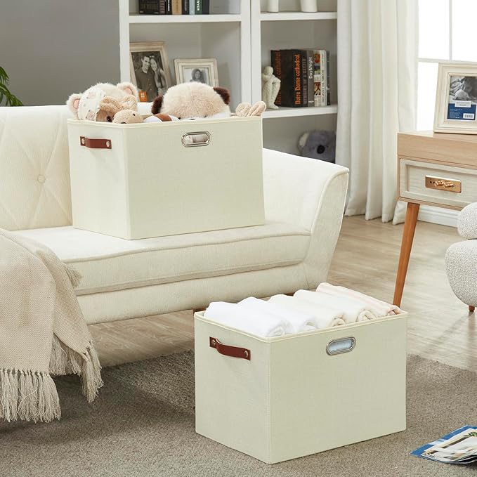 3-Pack Foldable Fabric Storage Bins with Durable PU & Metal Handles, Collapsible Storage Baskets for Shelves, Home Storage, Closet Organizers, Living Room(17"x11.8"x11.8", Beige)