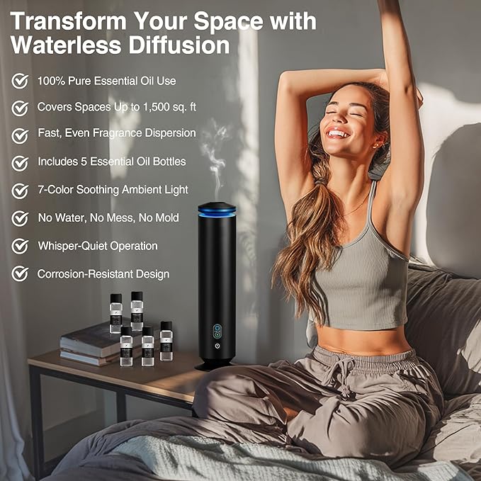 Waterless Scent Diffuser Starter Kit - 1500 Sq Ft Coverage, Scent Diffuser for Home, Hotel, Studio, Essential Oil Diffuser Large Room, 7 Mood Lights Setting, 5 Essential Oils Included, Black, 11.50In