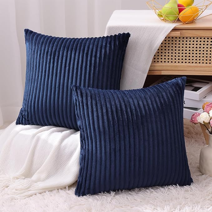 Simmore Decorative Throw Pillow Covers 24x24 Set of 2, Soft Natural Plush Flannel Double-Sided Fluffy Couch Pillow Covers for Sofa Living Room, Navy Blue