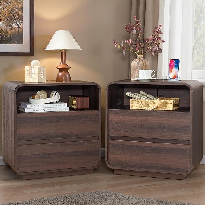 Modern Walnut Nightstand, 25" Tall Wooden Bedside Table with Charging Station, 2 Storage Drawers Side Table Curved Profile, Handleless, Large End Table Night Stand for Bedroom, Office