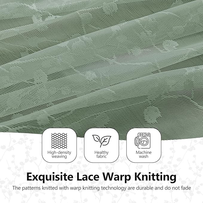 Sage Green Lace Semi-Sheer Curtains 2 Panels – Vintage Branch Pattern for Bedroom/Kitchen, Rustic Privacy Light Filtering Rod Pocket Drapes, Elegant Chic Window Treatments, 52W x 45L Inch