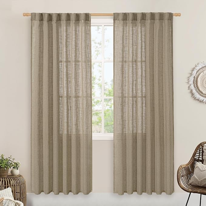 LAMIT Taupe Sheer Linen Curtains, 80 inch Light Filtering Semi Sheer Panels Back Tab and Rod Pocket Farmhouse Rust Drapes for Bedroom/Living Room, 2 Panels, 52 x 80 Inch