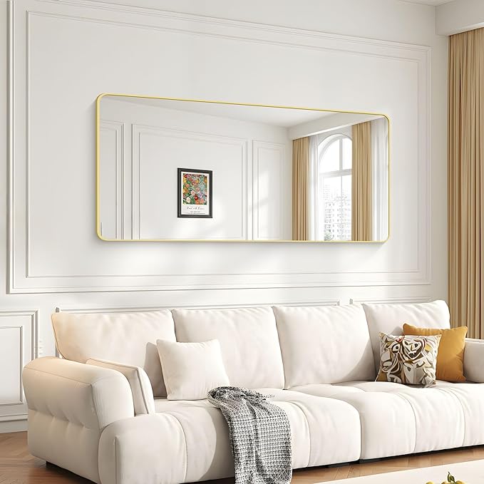 30"x60" Gold Bathroom Mirror, Large Rectangle Mirror, Rectangular Wall Mirror, Rounded Corner Vanity Mirror with Aluminum Metal Frame for Bathroom Bedroom Living Room