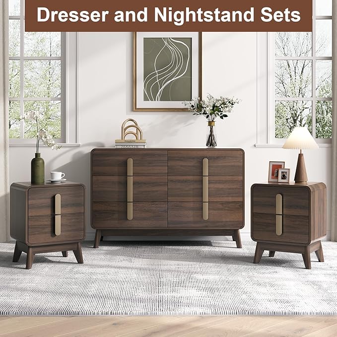 Nightstand Set of 2, Mid Century Modern Bedside Table with Drawers & Metal Handle, Curved Profile Brown End Table with Storage, Solid Wood Feet Side Tables for Bedroom, Dark Walnut
