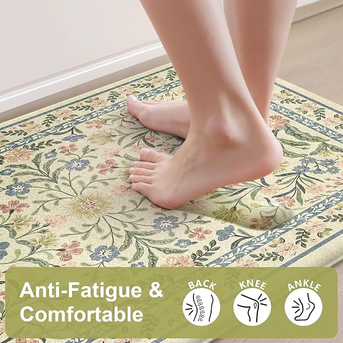 Collive Anti Fatigue Mat for Kitchen Floor, Spring Floral Kitchen Mats for Floor Set of 2, Beige Cushioned Waterproof Sink Rugs Non Slip Comfort Standing Rug for Office, Laundry, Desk