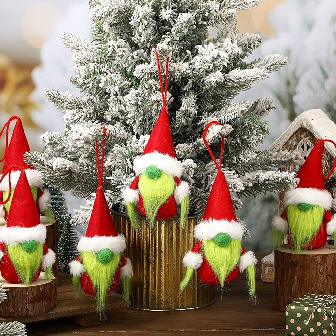 6 Pcs Christmas Green Gnome Ornaments Handmade Green Swedish Tomte Gnomes Christmas Plush Decorative Ornaments Tree Hanging Scandinavian Santa Elf Home Table Decor