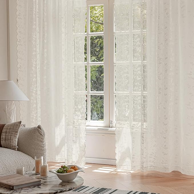 Beige Lace Sheer Curtains 84 inches Long – Vintage Leaves Pattern for Living Room/Bedroom, Fall Curtains, Modern Privacy Light Filtering Rod Pocket Window Drapes, 52W x 84L Inch, 2-Panels