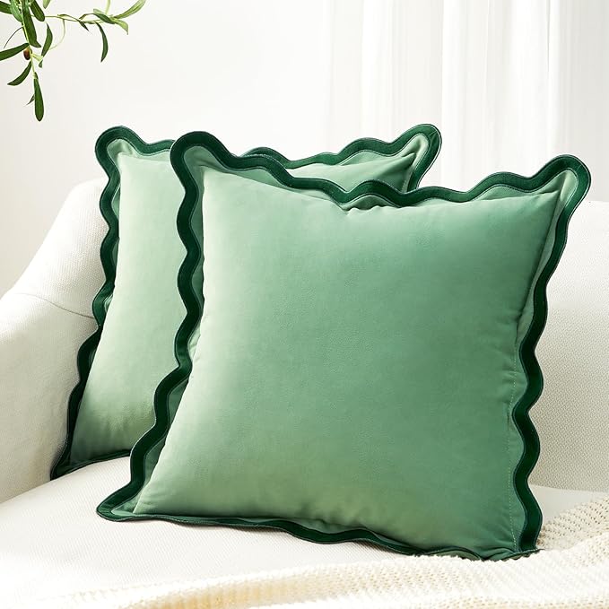 MONDAY MOOSE Decorative Throw Pillow Covers Cushion Cases, Set of 2 Soft Velvet Scalloped Wavy Edge Designs, Mix and Match for Home Decor, Pillow Inserts Not Included (Green/Light Green, 22x22 inch)