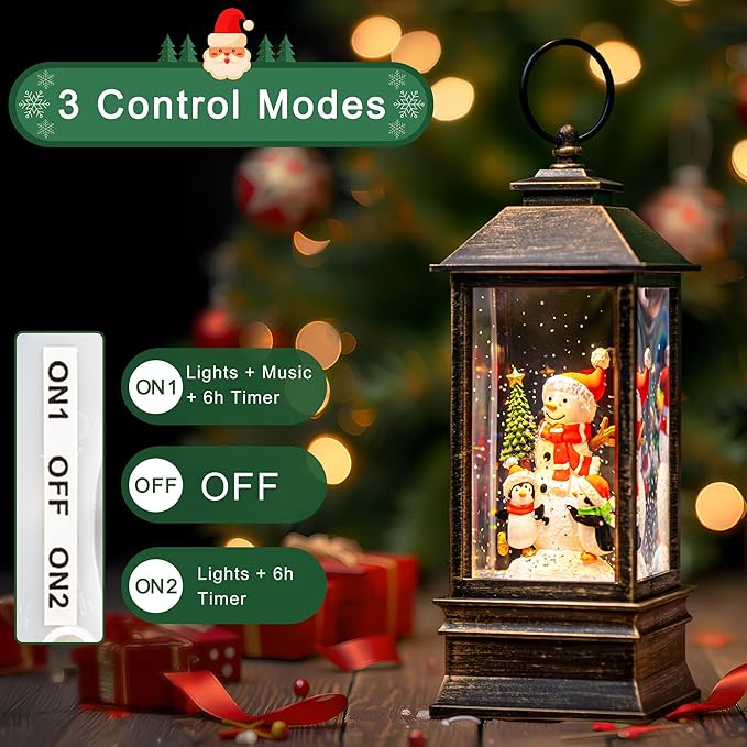 10.4" Christmas Snow Globe Water Lantern with Snowman and Penguin Scene Battery Operated or USB Powered Musical Lighted Holiday Decoration for Tabletop Display for Family and Friends