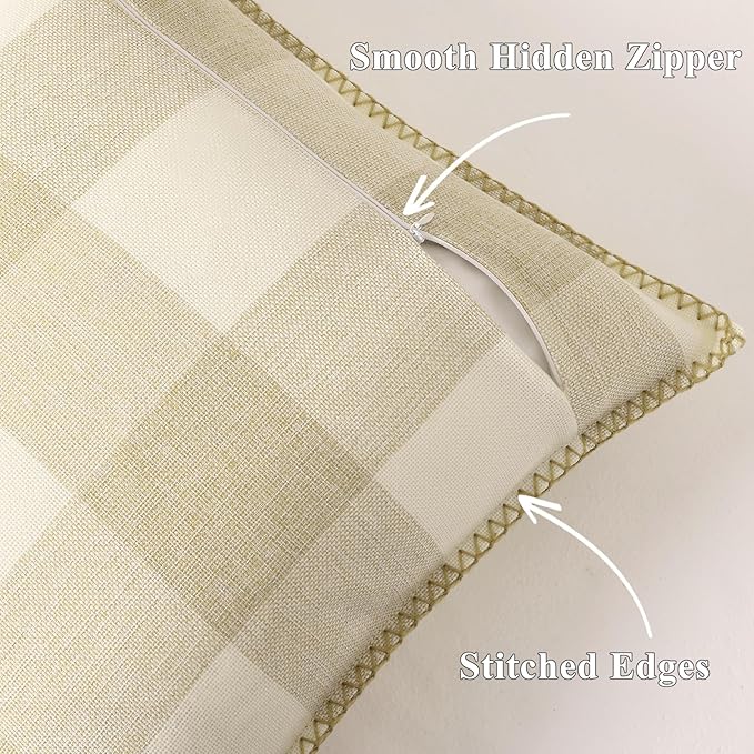 decorUhome Christmas Buffalo Plaid Check Throw Pillow Covers 22x22 Set of 2, Outdoor Linen Decorative Farmhouse Gingham Pillow Covers with Stitched Edge for Bed Couch Sofa, Cream White and Beige