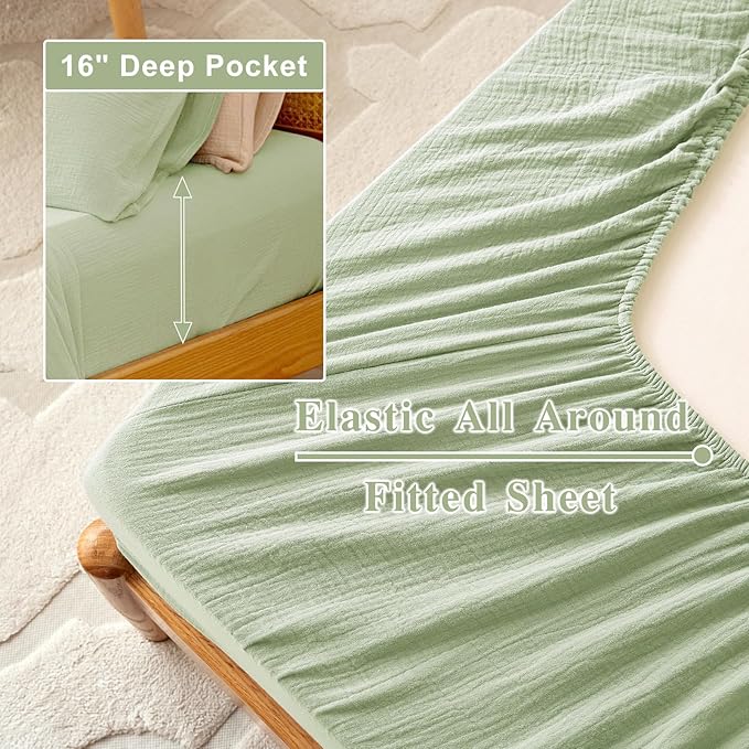 Twin Sheets Set 100% Cotton Bed Sheets Gauze 3 Pcs Sage Green Fall Line Like Sheet Set 16" Deep Pocket Twin Sheet & Pillowcase Sets Boho Muslin Soft All Season Bedding Sets Easy Care