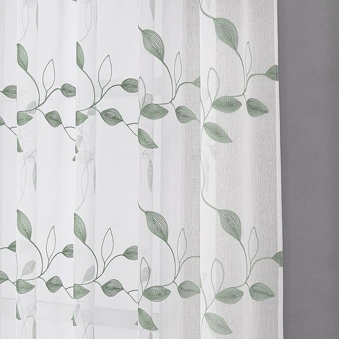 Tollpiz Sage Green Leaf Sheer Curtains Leaves Embroidered Bedroom Curtain Rod Pocket Voile Window Treatment for Living Room, 54 x 84 inches Long, Set of 2 Panels