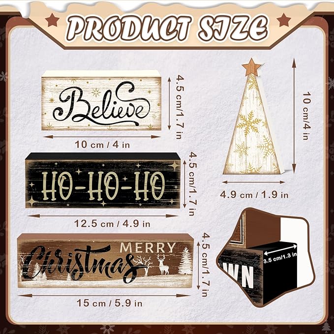 Britimes 4 Pcs Christmas Tiered Tray Decorations Set Believe HO-HO-HO Merry Christmas Reindeer Stack Block Signs Neutral Rustic Holiday Decor (Neutral HO-HO)
