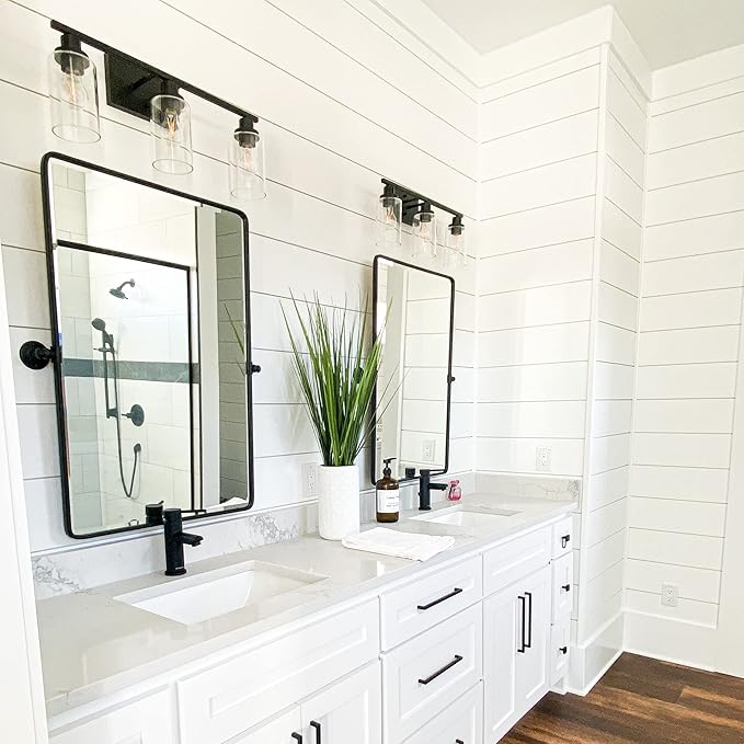 TEHOME Matt Black Pivot Rectangle Bathroom Vanity Mirrror Farmhouse Tiltable Rounded Metal Framed Pivoting Bathroom Mirror with Beveled Mirrror, Overall 27 x 35 inches (Mirrror 23 x 35 inches)