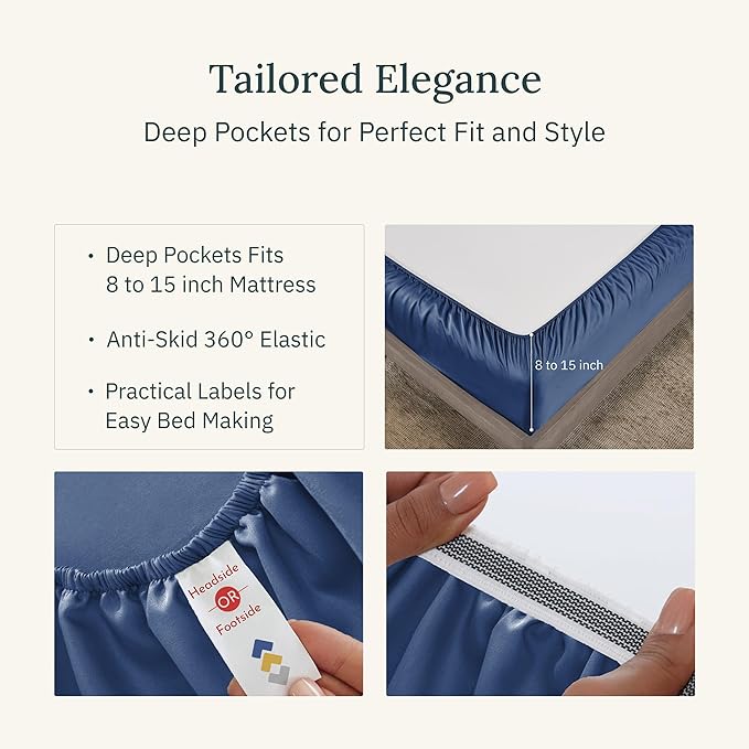 California Design Den Full Size Bed Sheets Set - Certified 100% Egyptian Cotton Sheets, Soft Sateen, Deep Pockets with Anti-Skid Elastic, Cool and Durable Luxury Bedding - Navy Blue