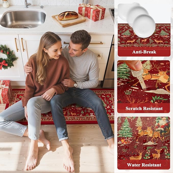 Christmas Kitchen Mats Anti Fatigue - Reindeer Sleigh Farmhouse Cushioned Kitchen Floor Mat, Non Slip Kitchen Rugs Sets of 2, Christmas Decorations Sink Mats for Home Holiday Decor(Red)
