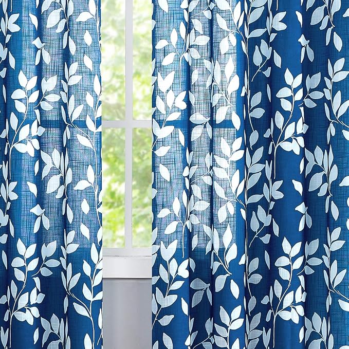 White and Blue Curtains for Bedroom 84" Length Semi-Sheer Print Leaf Curtains for Living Room Windows, Deep Blue Grommet Top, 2 Pack