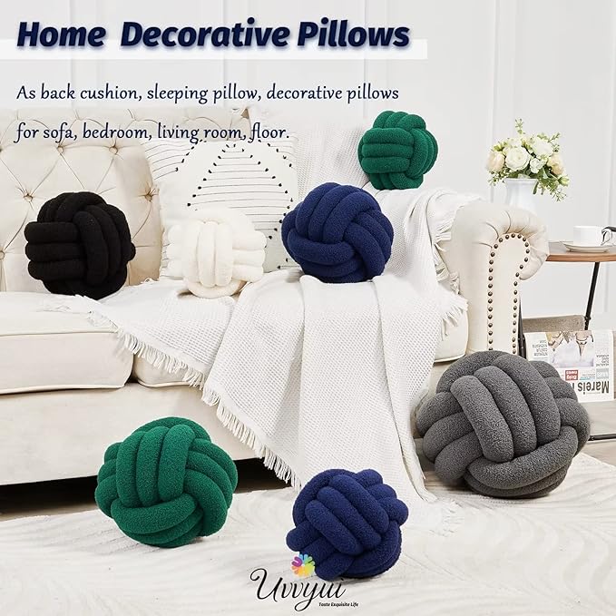 Uvvyui Knot Pillow Ball, Soft Home Decorative Pillows, Round Throw Pillow, Handmade Knotted Plush Pillow, Round Boucle Pillow Cushion (14 Inches Navy)