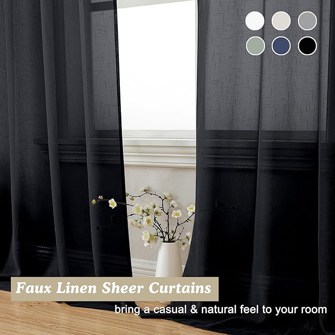 Aiyufeng Black Sheer Curtains 45 Inch Length 2 Panels, Short Linen Curtains for Kitchen, Small Window Curtains Window Treatment Privacy with Light Filtering for Cafe/Bathroom, Each 30Wx45L Inch, Black