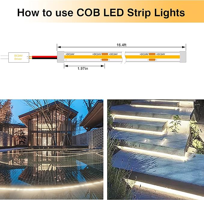 COB LED Strip Lights,Natural White 4000K,DC24V IP67 Waterproof LED Strip,480LEDs/M,16.4ft/5M,8MM Wide,CRI90+,Outdoor cob led Strip for Bathroom Decor,Pool,Garden (Adapter Not Include)