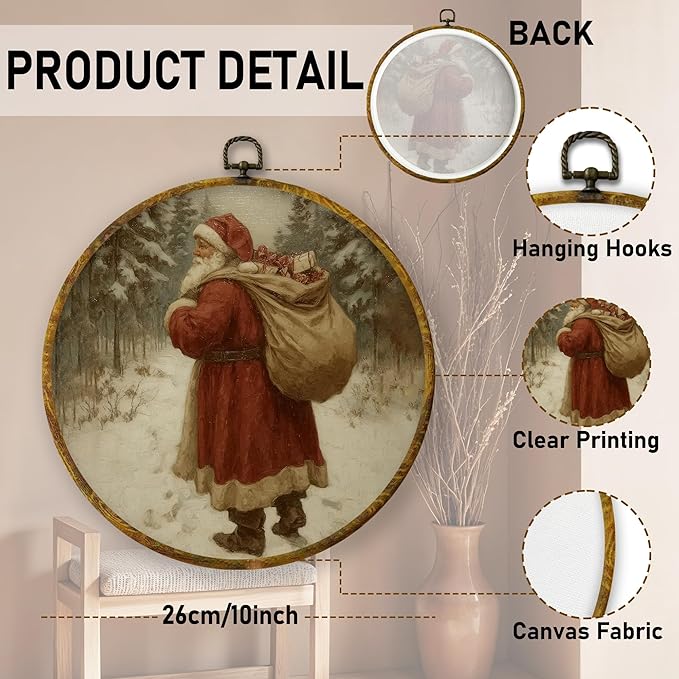 QZQE Vintage Santa Christmas Round Wall Art Decor Framed, Retro Christmas Circle Canvas Prints, Rustic Winter Snowy Xmas Santa Circular Wall Hanging Decor for Home Bedroom Living Room, 10x10 Inch