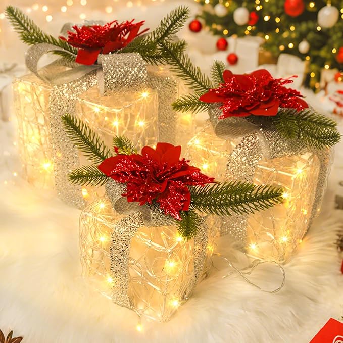 Christmas Decorations, Set of 3 Christmas Lighted Gift Boxes, Decorative Acrylic Light Up Present Gift Boxes with Timer for Weddings Holiday Indoor Outdoor Xmas Tree Decor