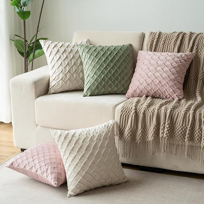 Velvet Decorative Throw Pillow Covers Set of 2, 18x18 Inch Soft Modern Weave Cushion Case, Farmhouse Home Decor Pillowcase for Sofa Living Room Couch Bed Blush