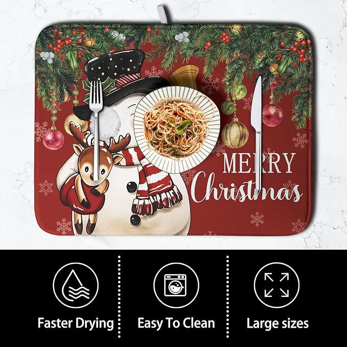 Christmas Dish Drying Mats for Kitchen Counter 16x18 Cute Snowman Red Dish Drying Pad for Dishes Winter Xmas Holiday Dish Draining Mat Absorbent Microfiber Dish Drainer Rack Mats