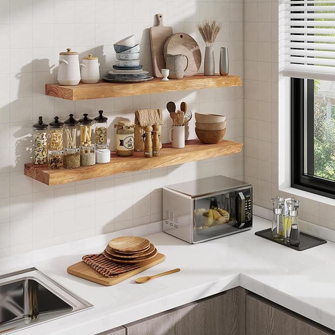 Floating Shelves, 8" Deep Rustic Solid Wood Wall Mounted Floating Shelves, Wall Shelves with Invisible Bracket for Living Room Bathroom Bedroom Kitchen, 48 Inch, Natural