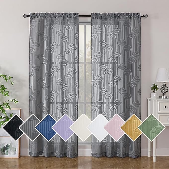 Simplebrand Sheer Charcoal Grey Curtains 72 Inches Long 2 Panels for Window, Geometric Mid Century Light Filtering Semi Sheer Curtains for Front Back Patio Glass Door with Rod Pocket, 42" Wx72 L