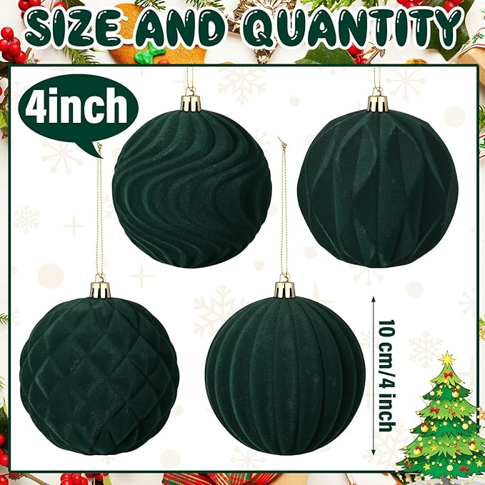 4 Pcs 4 Inch Large Velvet Christmas Ball Ornaments Vintage Christmas Plastic Ball Ornaments Flocked Tree Hanging Decoration for Xmas Party Wedding Home Decor(Green)