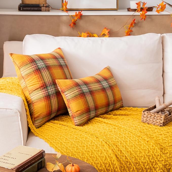 AQOTHES Fall Plaid Yellow Throw Pillow Covers 20x20 Inch, Set of 2 Autumn Decorative Throw Pillows for Couch Sofa Bed Living Room Home Decor, Accent Pillow Cases for Farmhouse Couch Cushion Covers