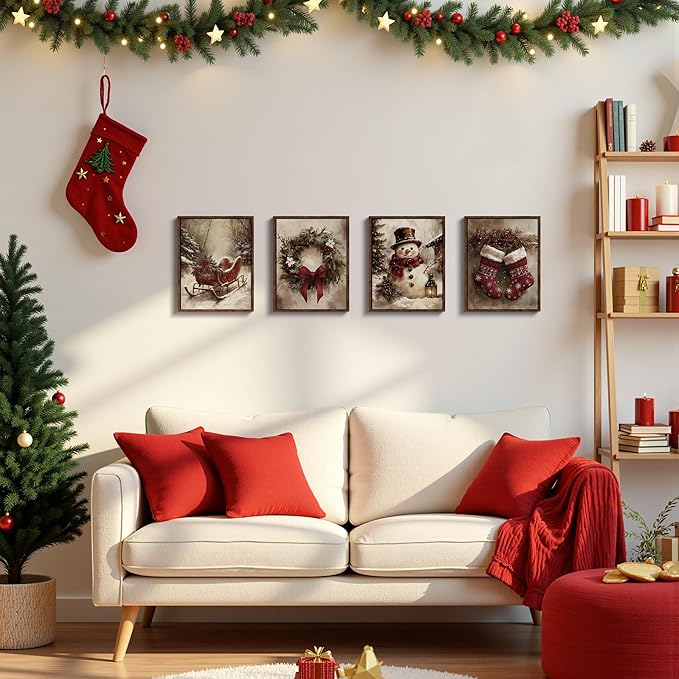 DOFQZ Vintage Christmas Wall Art Prints Set of 4, Rustic Red Christmas Decor, Farmhouse Holiday Winter Red Sleigh Stocking Wreath Snowman Posters for Home Living Room Bedroom Decor, 8x10 Unframed